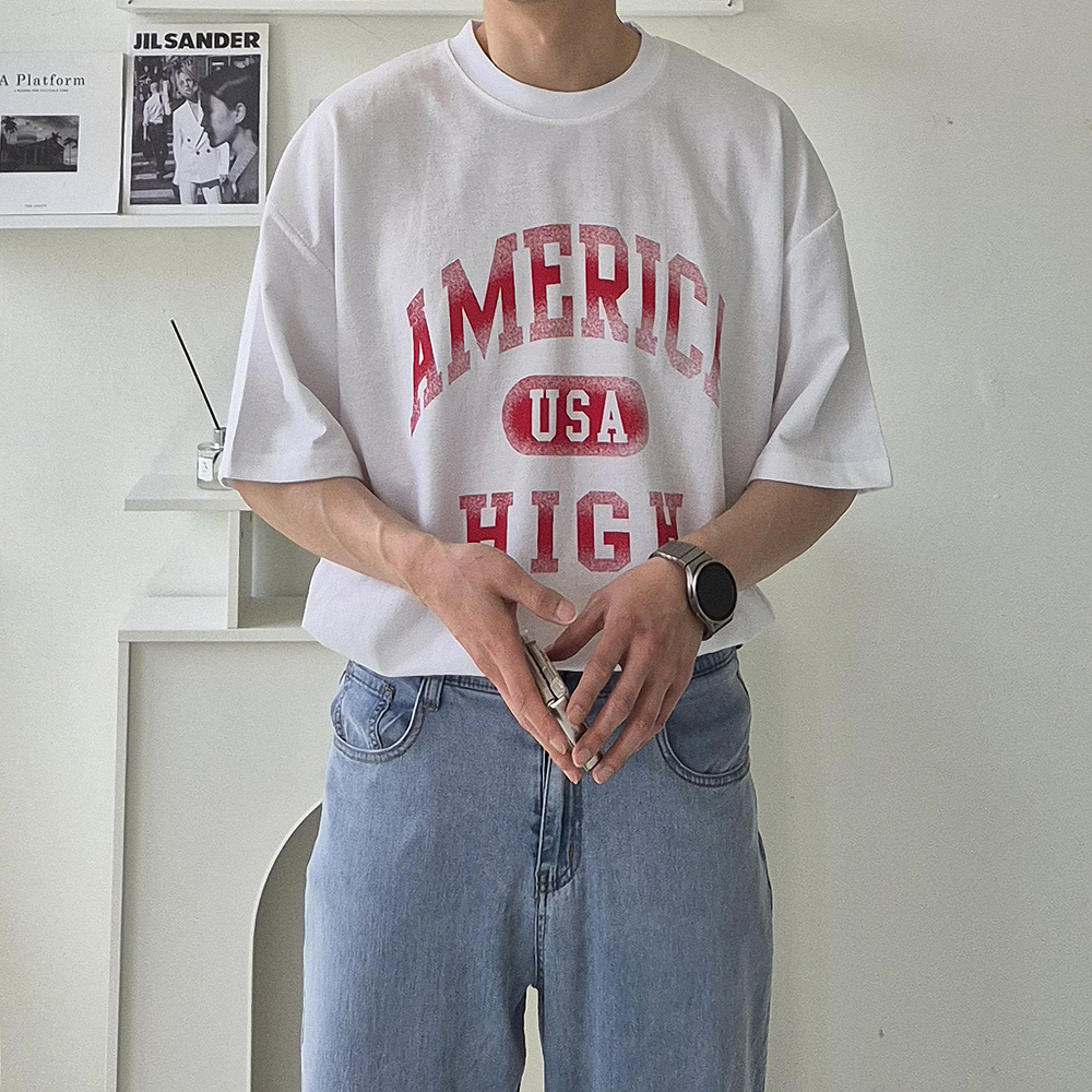 남자 반팔티 오버핏 흰색 나염 여름 면 반팔 티셔츠 - 상품 이미지