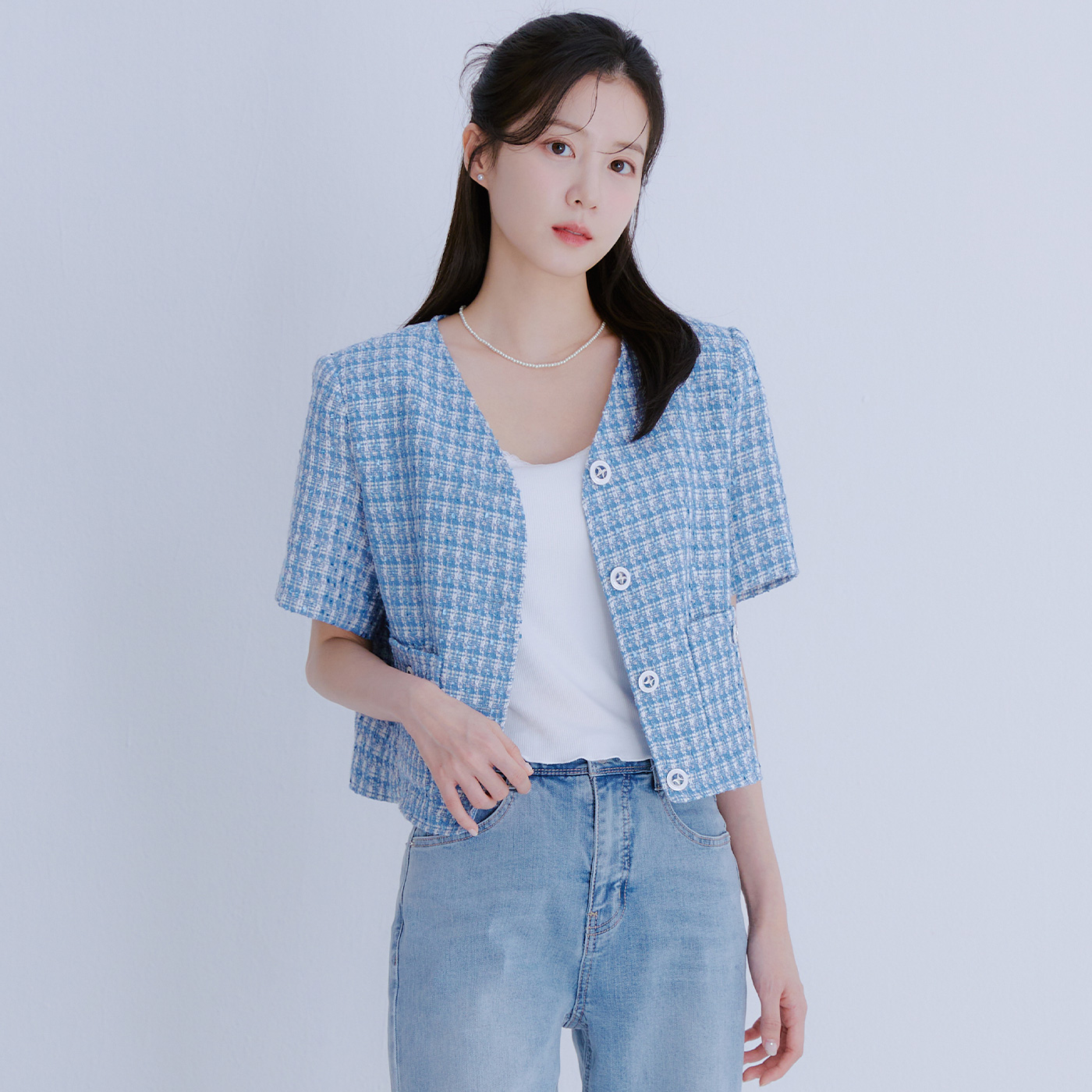 로엠 브이넥 트위드 반팔 자켓 RMJKE37RT1