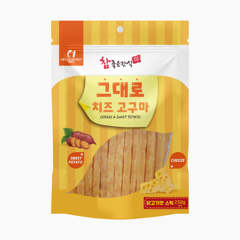 헬로도기 그대로치즈고구마 강아지치즈 다이어트 저칼로리 져키 간식 치즈+닭고기, 250g, 1개 - 상품 이미지
