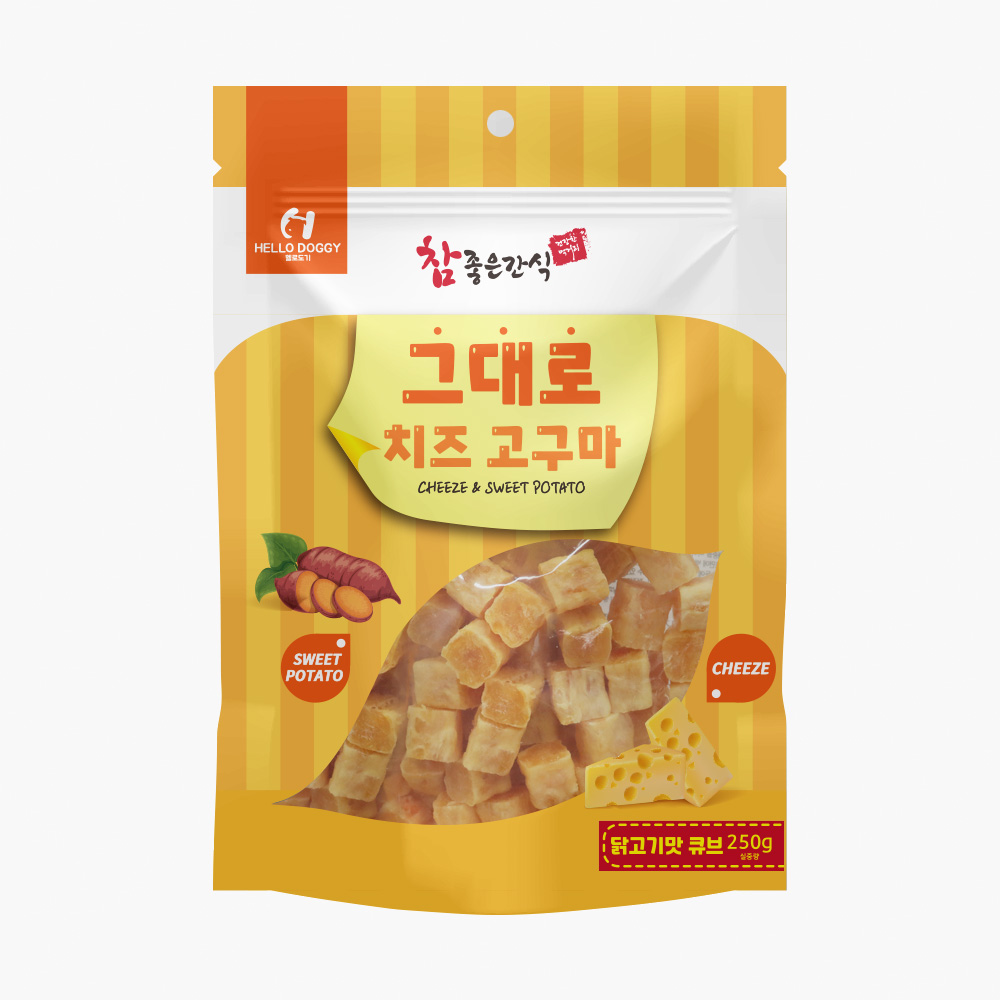 헬로도기 그대로치즈고구마 강아지치즈 다이어트 저칼로리 져키 간식 치즈+닭고기큐브, 250g, 1개 - 상품 이미지