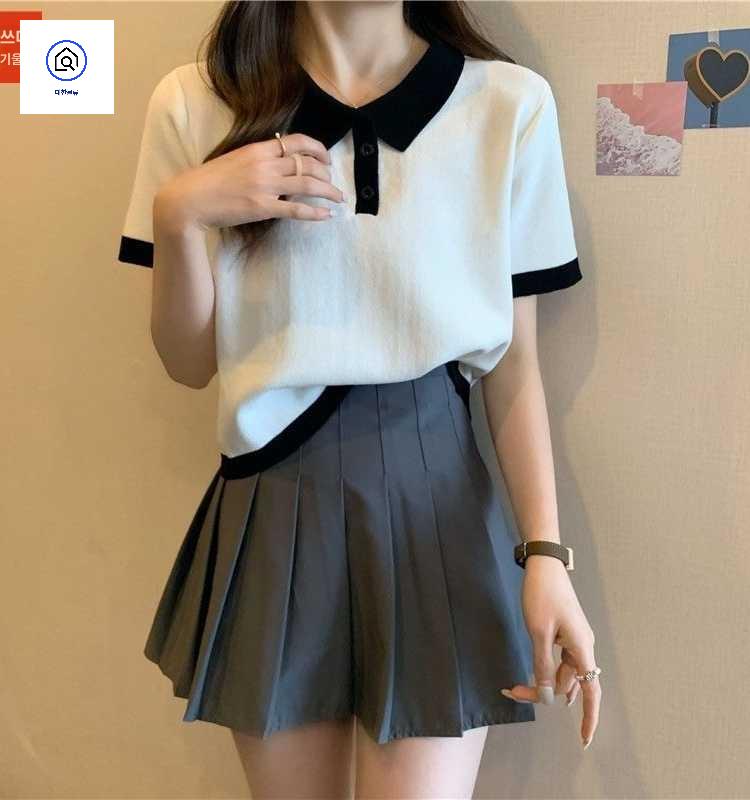 여성  여름 프레피룩 반팔 데일리 니트카라티 - 상품 이미지