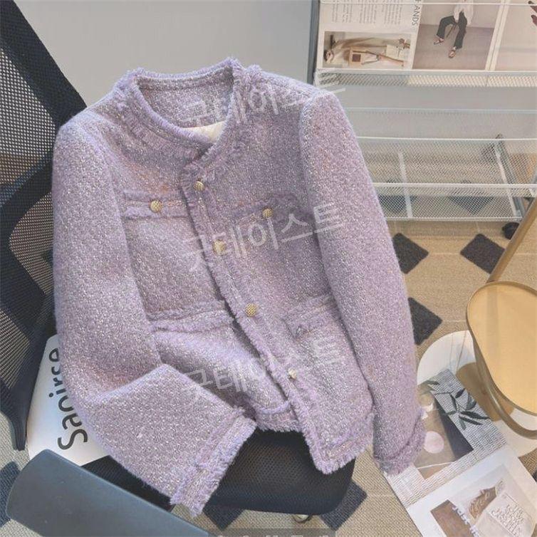 여성 봄 가을 트위드 자켓 재킷 노카라 라운드넥 하객룩 긴팔 상의 회색 파랑 M 80-100 파운드 - 메인 이미지