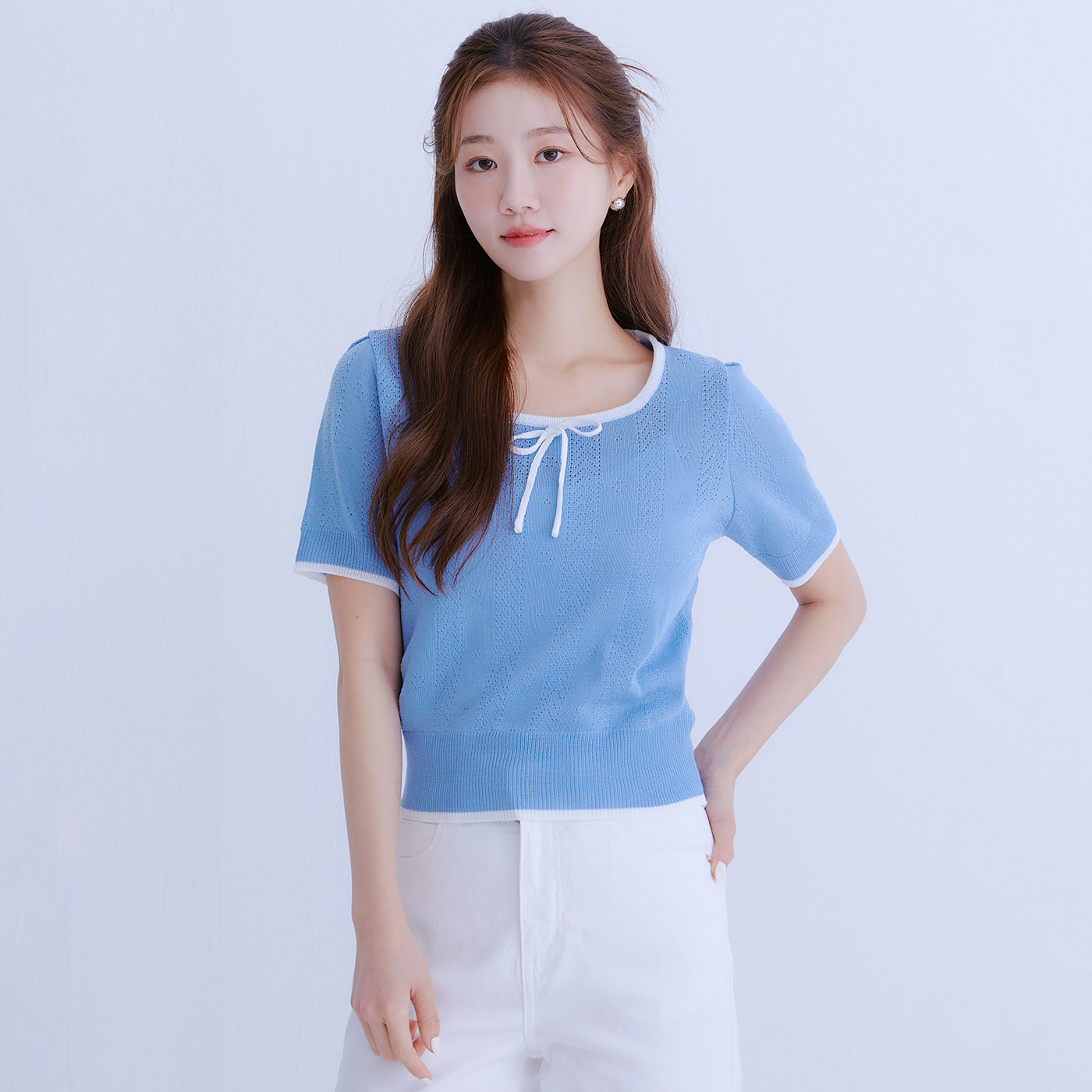 로엠 리본 배색 반팔 스웨터 RMKAE37RT5 - 상품 이미지