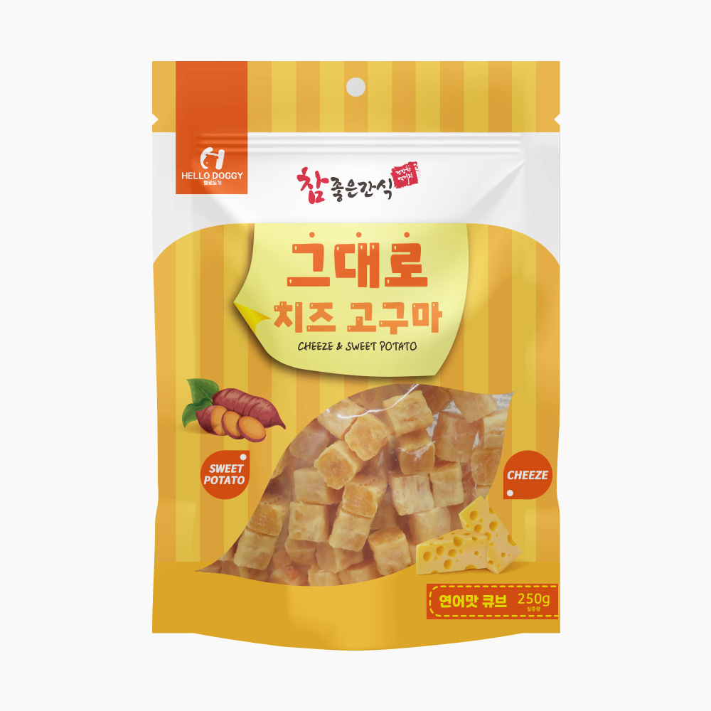 헬로도기 그대로치즈고구마 강아지치즈 다이어트 저칼로리 져키 간식 치즈+연어큐브, 250g, 1개 - 상품 이미지