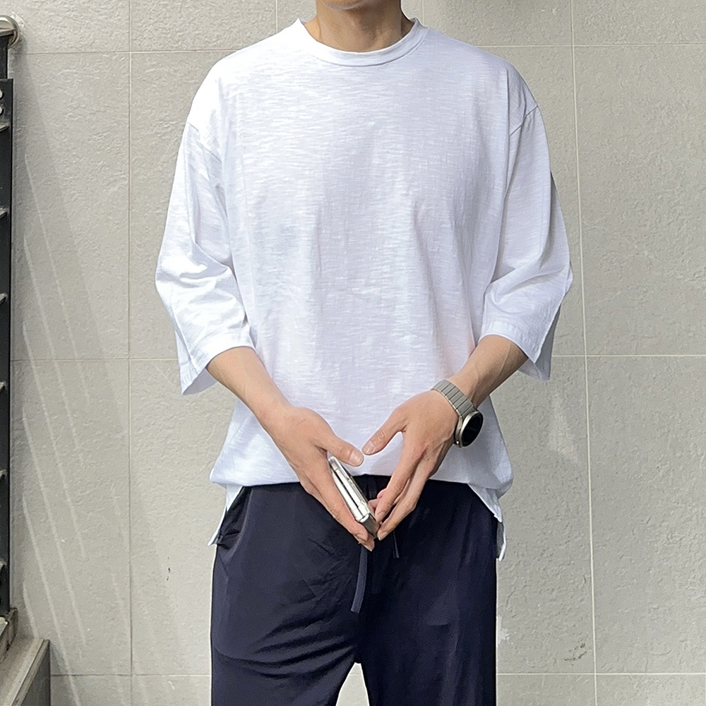 남자 7부티 빅사이즈 슬라브 흰색 오버핏 커플 칠부 반팔티 - 메인 이미지