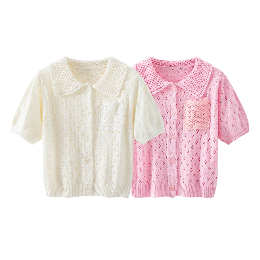 카라 반팔 가디건 크롭 펀칭 여배우 예능 프렌치 여친룩 감성 패션 코디 여름 핑크 아이보리 - 상품 이미지