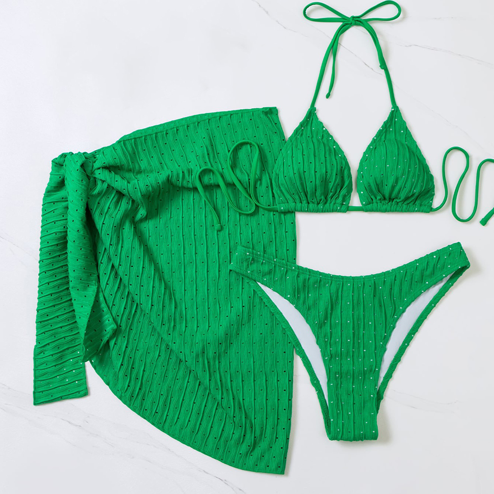 펀칭 삼각 비키니 스커트 쓰리피스 세트 커버업 비치룩 수영복 4color - 상세 이미지 2
