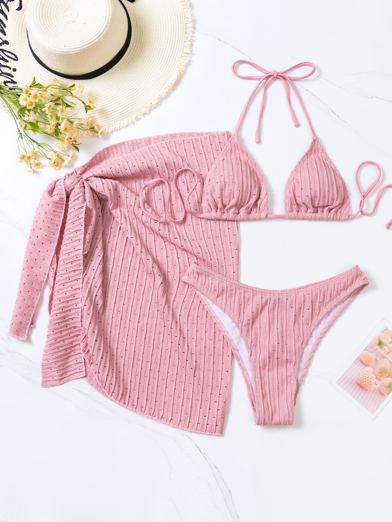 펀칭 삼각 비키니 스커트 쓰리피스 세트 커버업 비치룩 수영복 4color - 상세 이미지 5