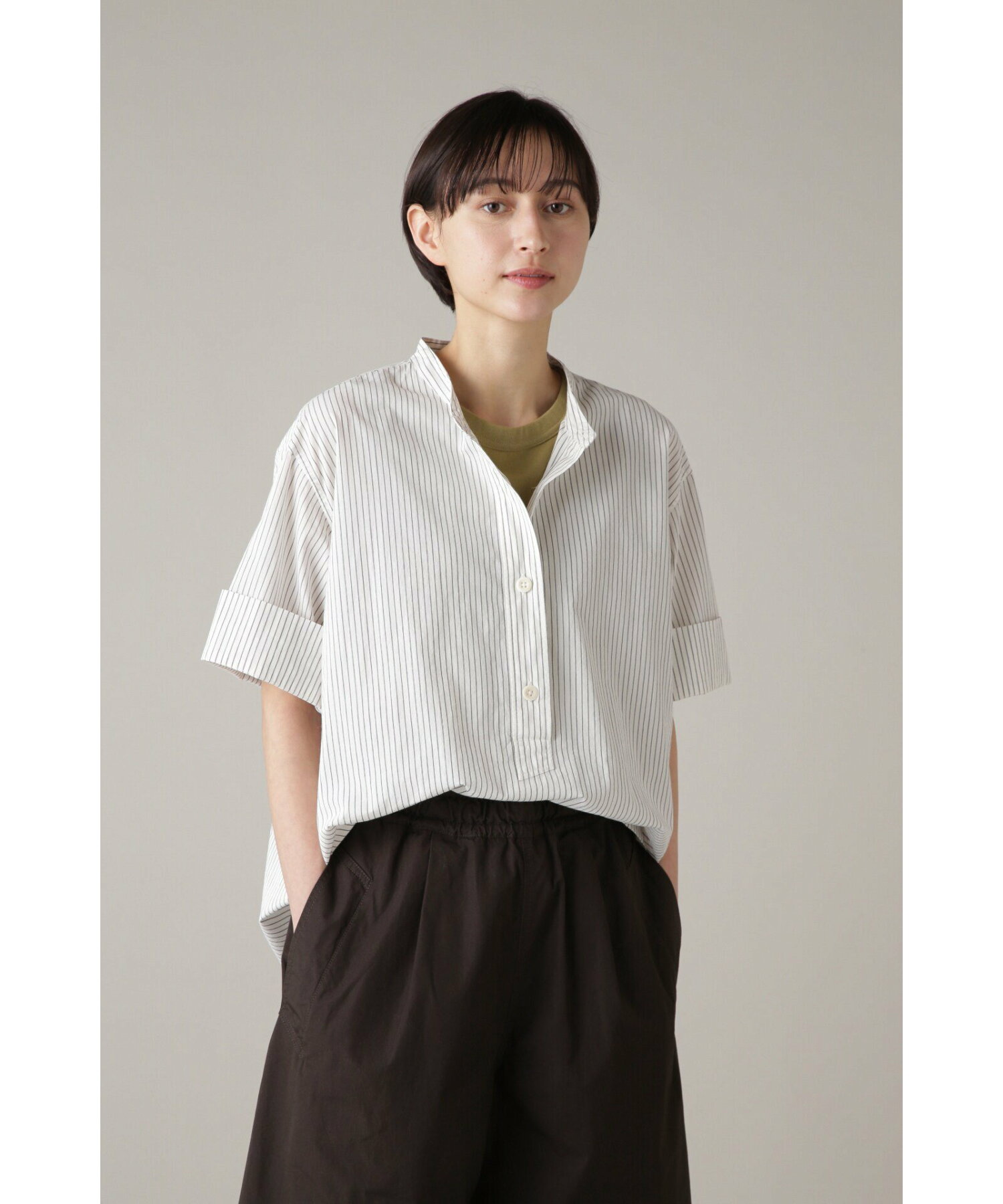 마가렛호웰 하이 웨이스트 코튼 스트라이프 여성 반팔 셔츠 5954152506 - 상품 이미지