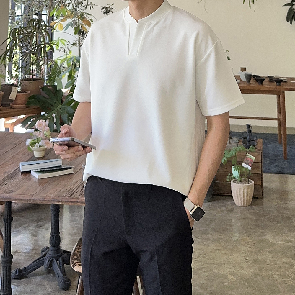 남자 헨리넥 반팔 오버핏 브이넥 무지 남자 반팔티 - 상품 이미지