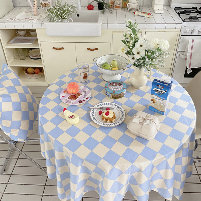 코코 체커보드 식탁보 방수 테이블보 원형 사각 체크 2인 4인 파티 집들이 블루 95X110