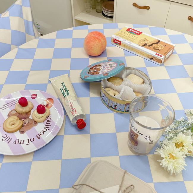 코코 체커보드 식탁보 방수 테이블보 원형 사각 체크 2인 4인 파티 집들이 블루 95X110