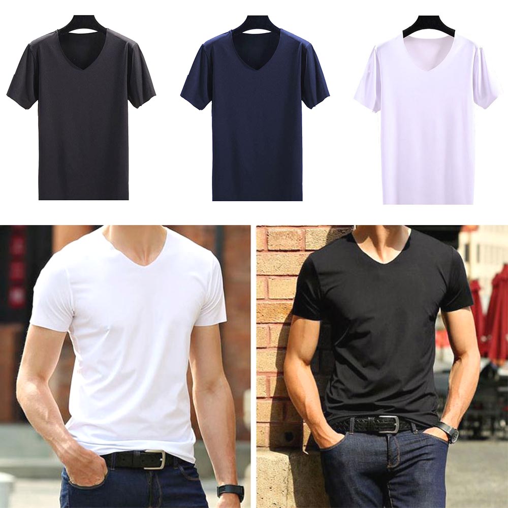 남성 브이넥 반팔티 여름 남자 무지 쿨링 v넥 신축성 티셔츠 - 상품 이미지