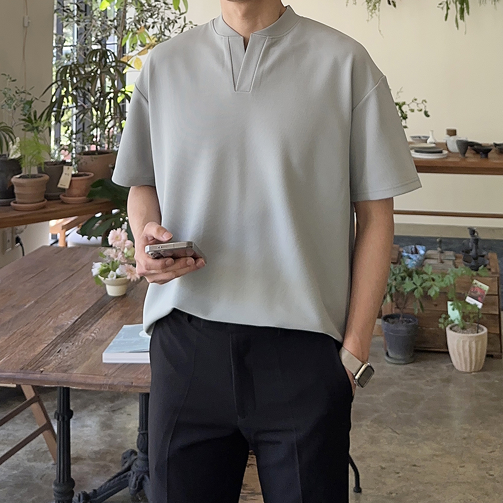 헨리넥 반팔 오버핏 브이넥 차이나카라 빅사이즈 남자 반팔티