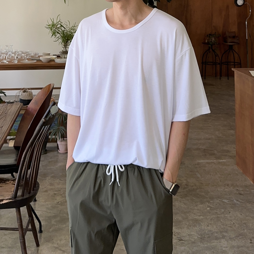 남자 오버핏 반팔티 실켓 유넥 U넥 흰색 쿨링 남성 반팔티