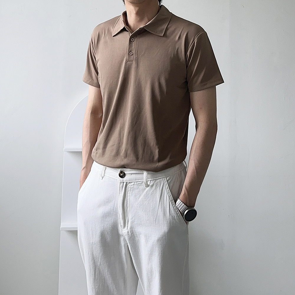 남자 반팔티 여름 쿨 헨리넥 구김없는 남성 반팔 카라티 - 상세 이미지 3