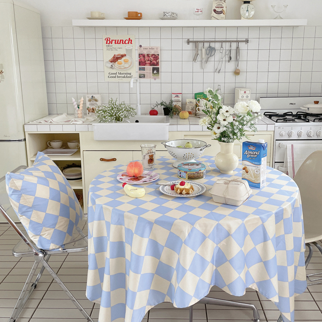 코코 체커보드 식탁보 방수 테이블보 원형 사각 체크 2인 4인 파티 집들이 블루 95X110