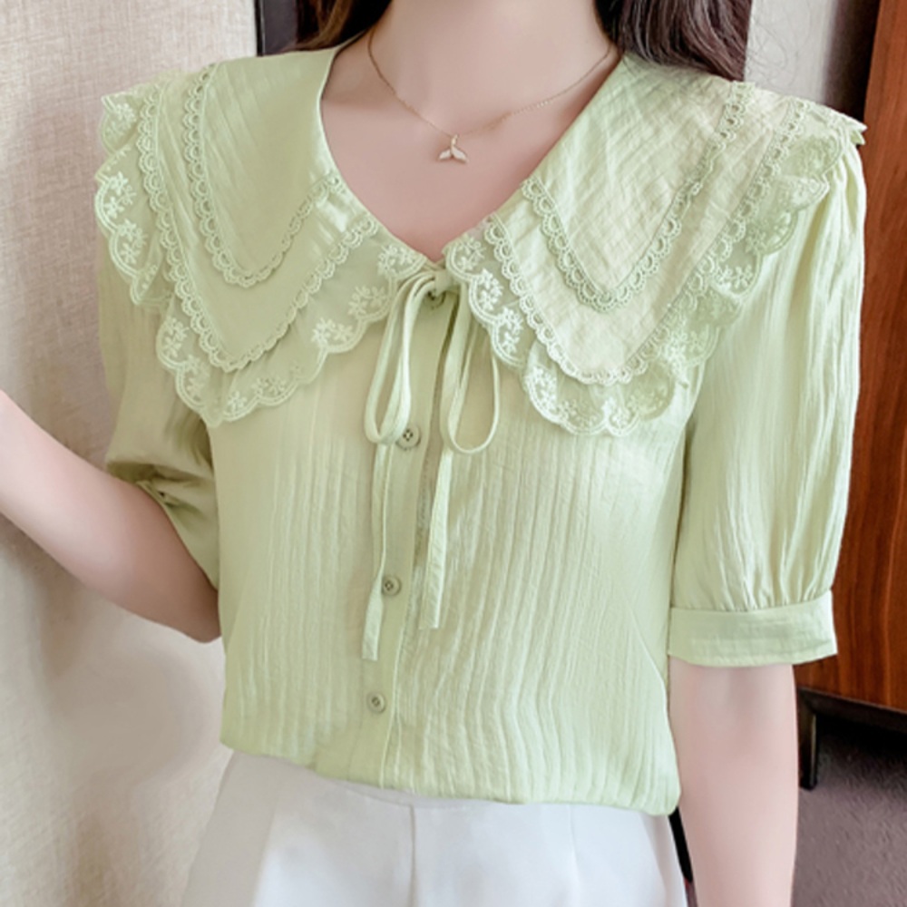빅카라 반팔 블라우스 레이스 프릴 리본 타이 예능 10화 여배우 패션 코디 그린 화이트 - 상품 이미지