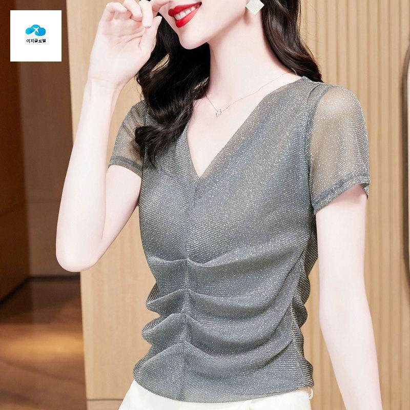 브이넥 밸리 라인댄스상의 라틴 티셔츠 반짝이 스포츠 - 상세 이미지 2