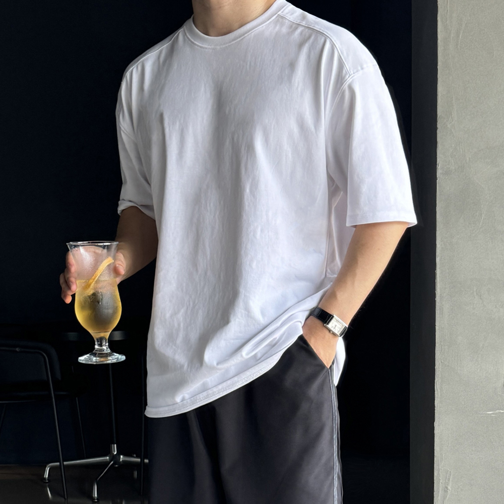 두꺼운반팔티 남자흰티 수피마티셔츠 오버핏 - 상세 이미지 3