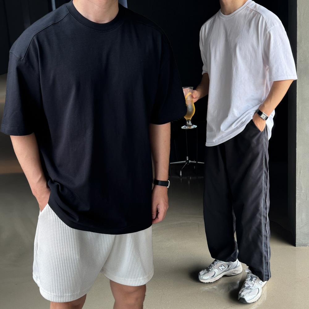 1+1 두꺼운반팔티 수피마티셔츠 오버핏 - 메인 이미지
