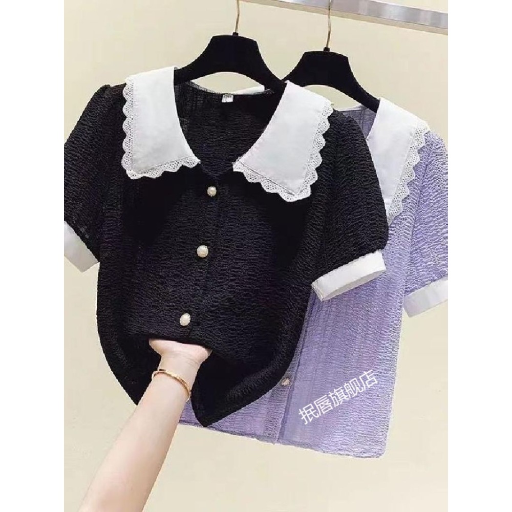 빅카라 쉬폰 블라우스 반팔 빅사이즈 여배우 드라마 패션 코디 화이트포인트 퍼플 블랙 - 상세 이미지 5