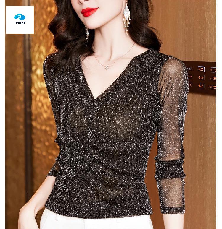 브이넥 밸리 라인댄스상의 라틴 티셔츠 반짝이 스포츠 - 상세 이미지 5