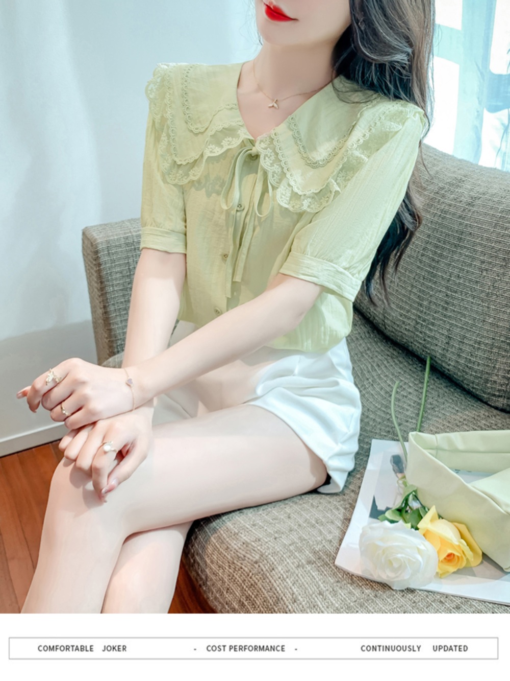 빅카라 반팔 블라우스 레이스 프릴 리본 타이 예능 10화 여배우 패션 코디 그린 화이트 - 상세 이미지 3