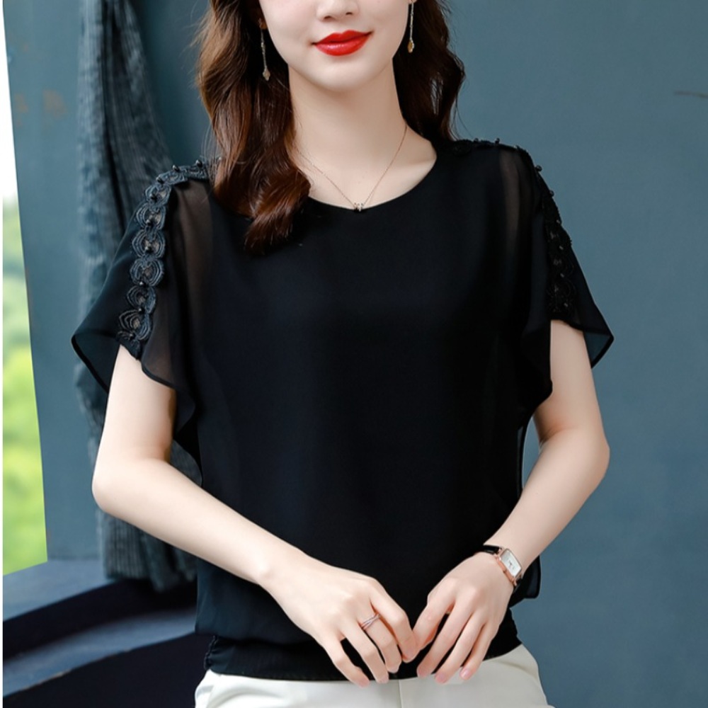 쉬폰 댄스복 블라우스 빅사이즈 상의 사교 라인 중년여성 뱃살커버 블랙 - 상세 이미지 2