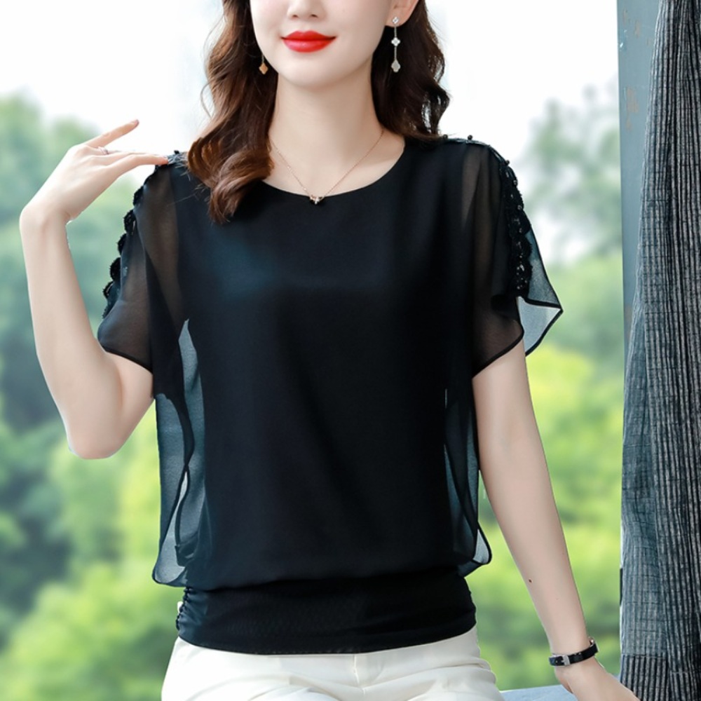 쉬폰 댄스복 블라우스 빅사이즈 상의 사교 라인 중년여성 뱃살커버 블랙 - 상세 이미지 4