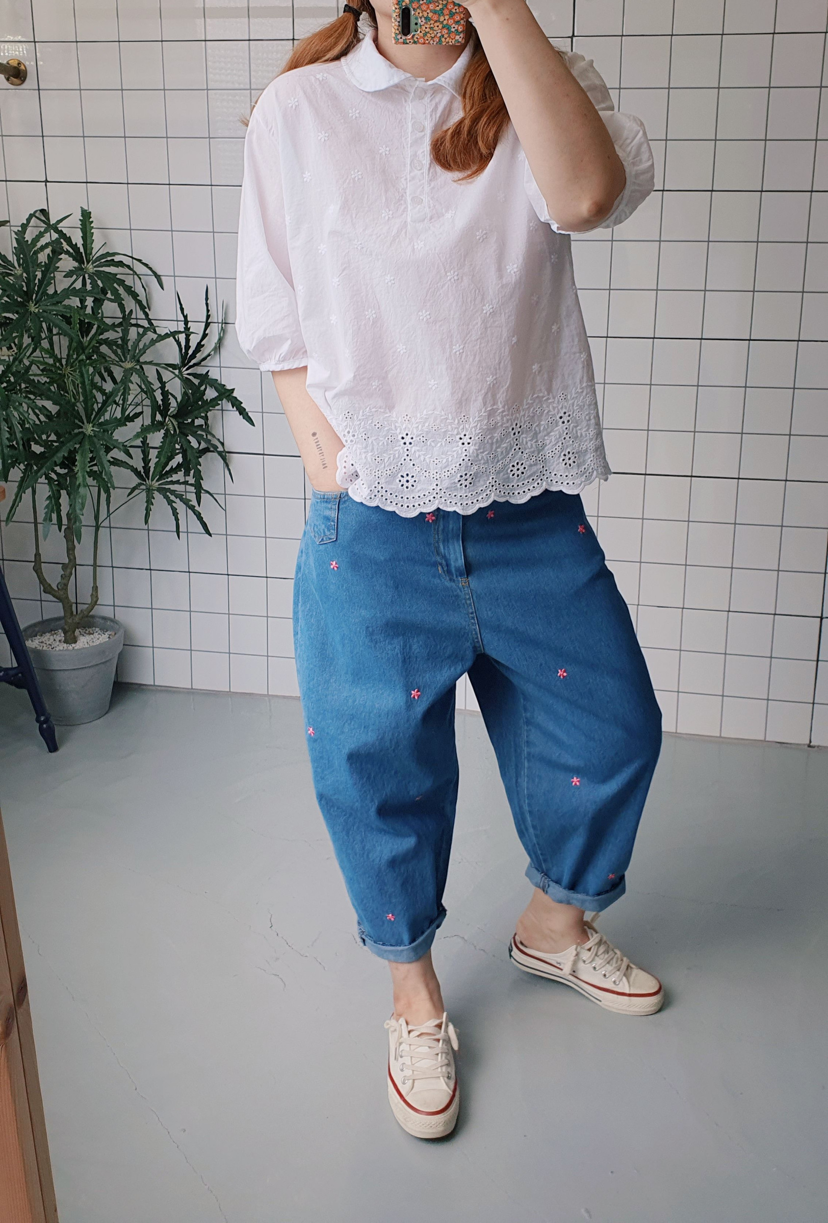 (무배)러블리 둥근카라 레이스 면 티셔츠 - 상세 이미지 3