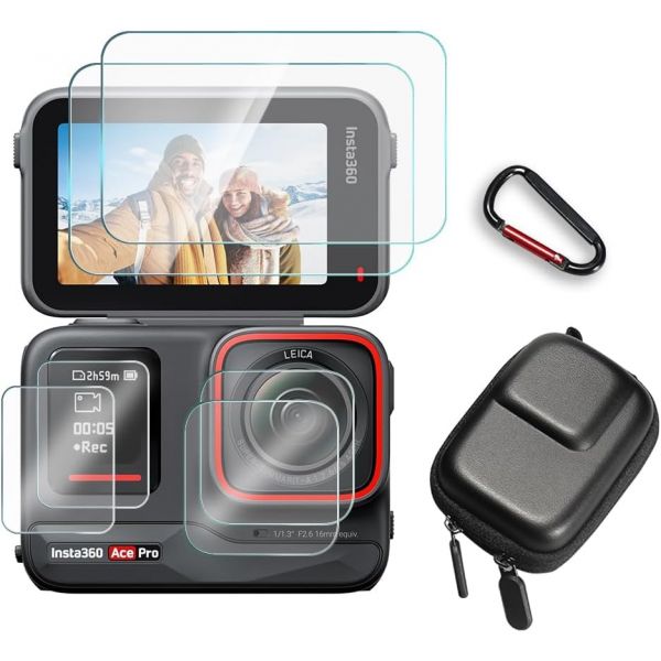화면보호기6+1팩 Insta360 에이스 프로 카메라와 호환 가능 다혈질 유리 필름 긁힘 방지 고화질 풀커버 및 하드쉘 여행용 수납 케이스 : 캐슬클럽