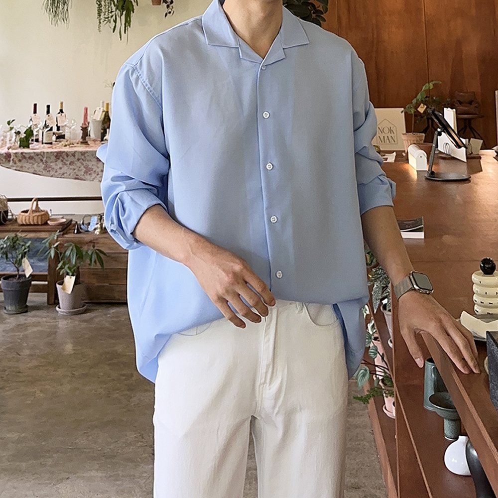 남자 와이 셔츠 구김없는 오픈카라 남방 남자 린넨 셔츠 - 상세 이미지 3