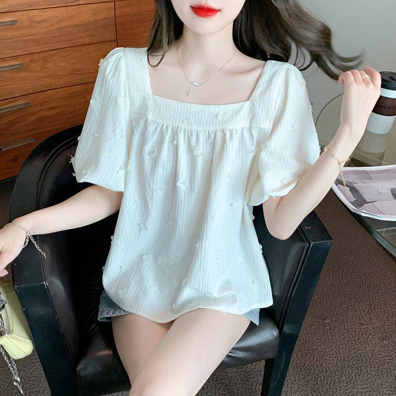 정어깨 스퀘어넥 퍼프 블라우스 여 2024년 여름 신상 루즈핏 배 가림 부드러운 블라우스 상의 트렌디 : 듀리온더