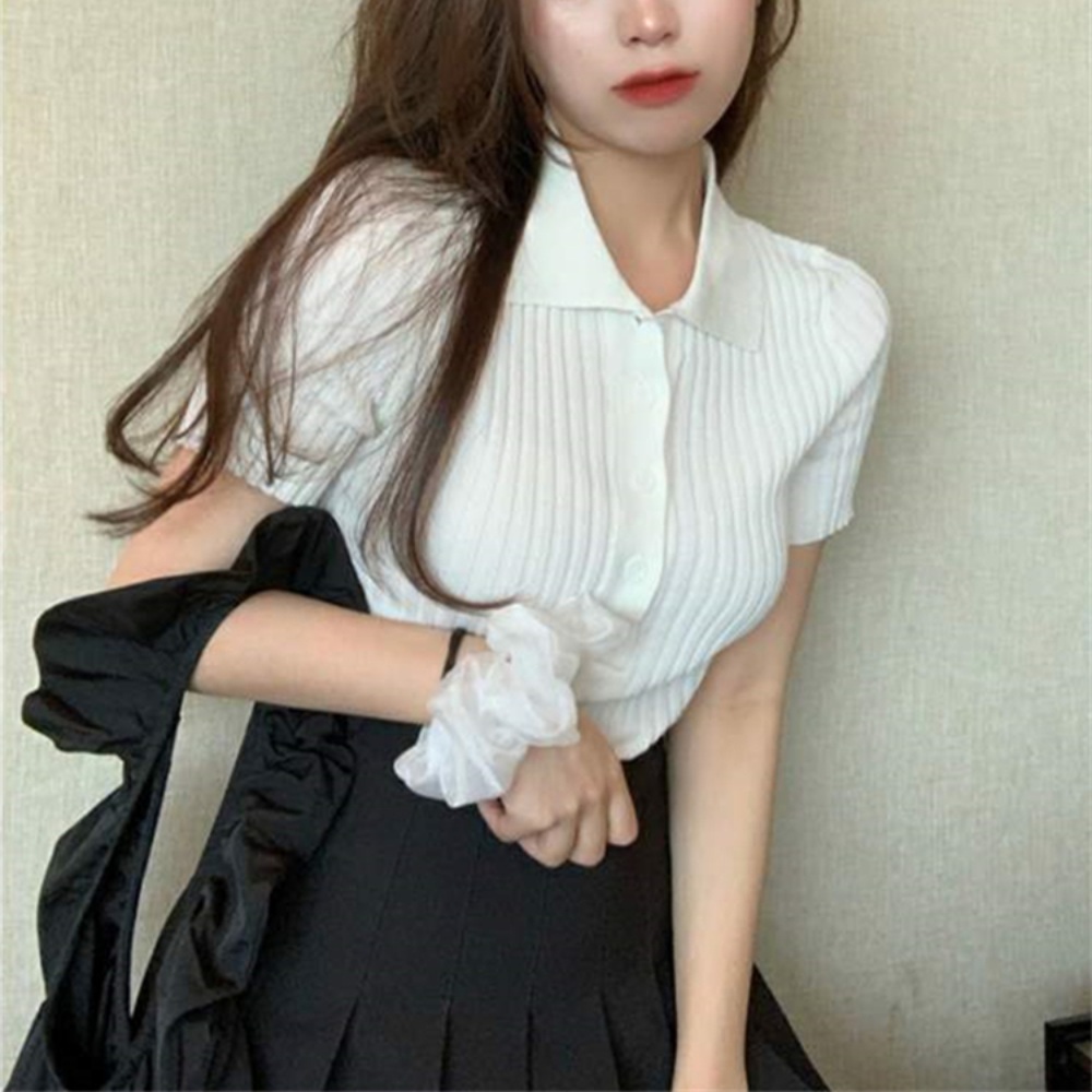 카라 반팔 니트 얇은 슬림핏 여자연예인 인스타 패션 코디 청순 여름 3컬러 - 상품 이미지