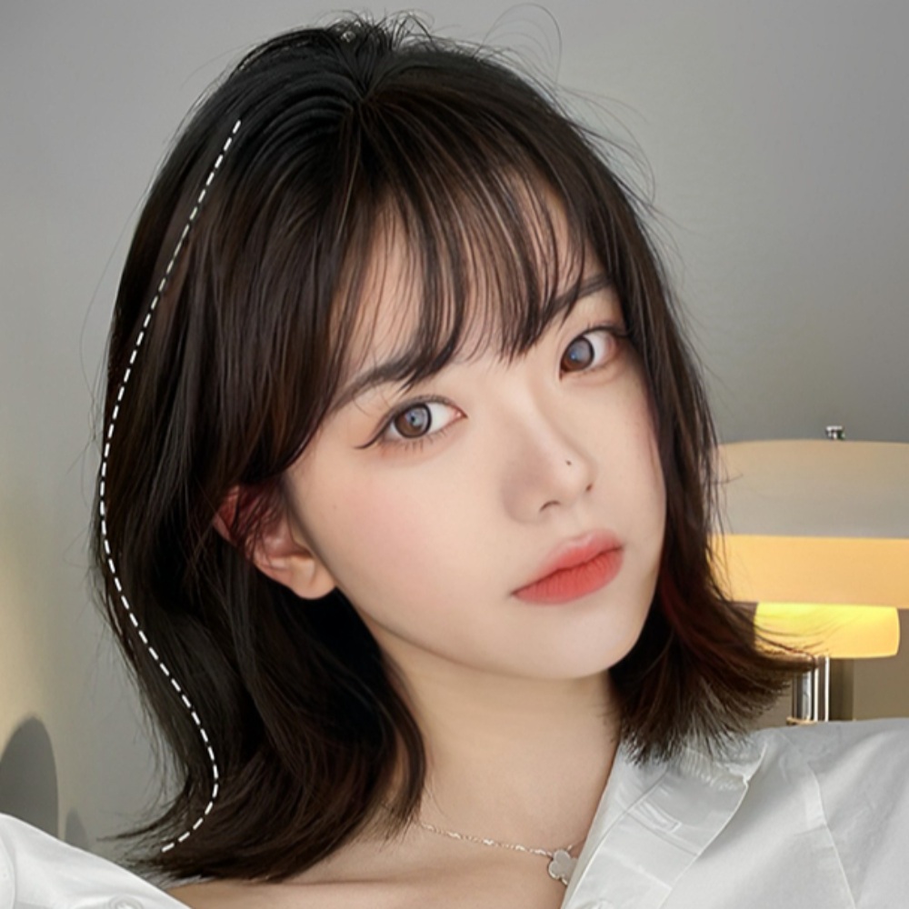 앞머리 단발 가발 청순 아이돌 파마 웨이브 헤어 다크브라운 염색모 - 상품 이미지
