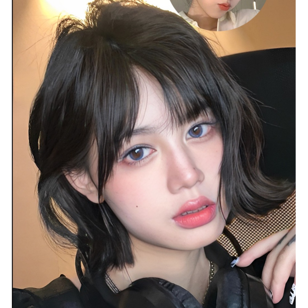 앞머리 단발 가발 청순 아이돌 파마 웨이브 헤어 다크브라운 염색모 - 상세 이미지 2