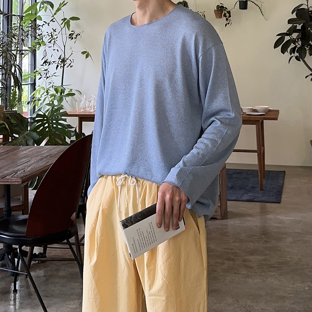 남자 여름 긴팔티 시스루 오버핏 린넨 보트넥 바캉스 티셔츠 - 상세 이미지 5