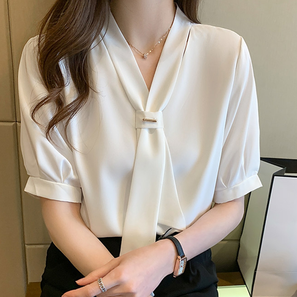 타이블라우스 결혼식 흰색 반팔 하객룩 여름 면접 블라우스 - 상세 이미지 3