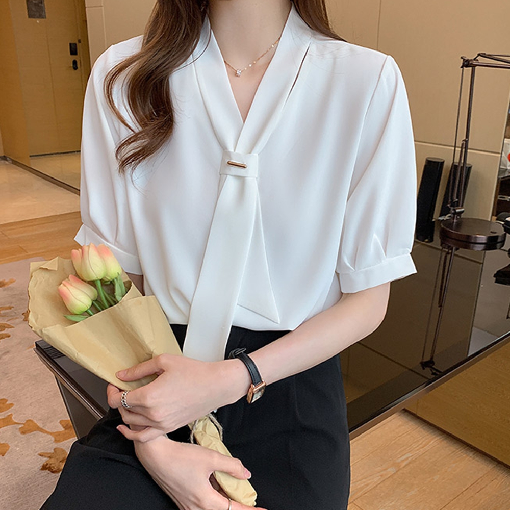 타이블라우스 결혼식 흰색 반팔 하객룩 여름 면접 블라우스 - 상세 이미지 4