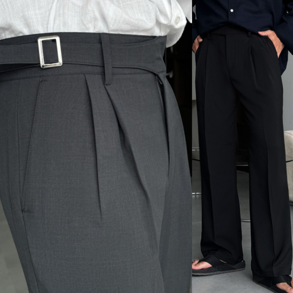 남자 드허 봄 가을 사이드비조 투핀턱 벨트 스판 와이드 슬랙스