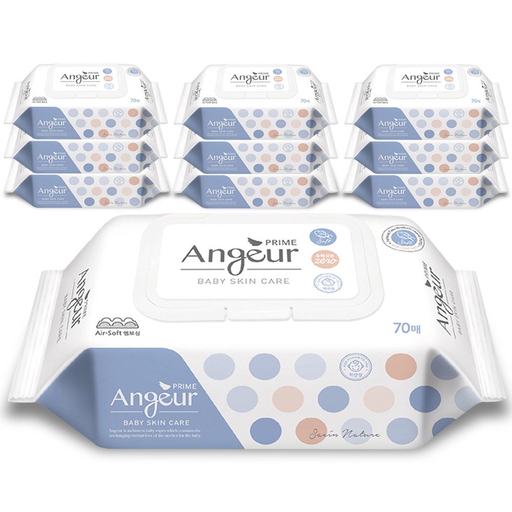 앙쥬르 프라임 물티슈 엠보싱 70매 캡형 10팩 평량 65g 도톰 대용량