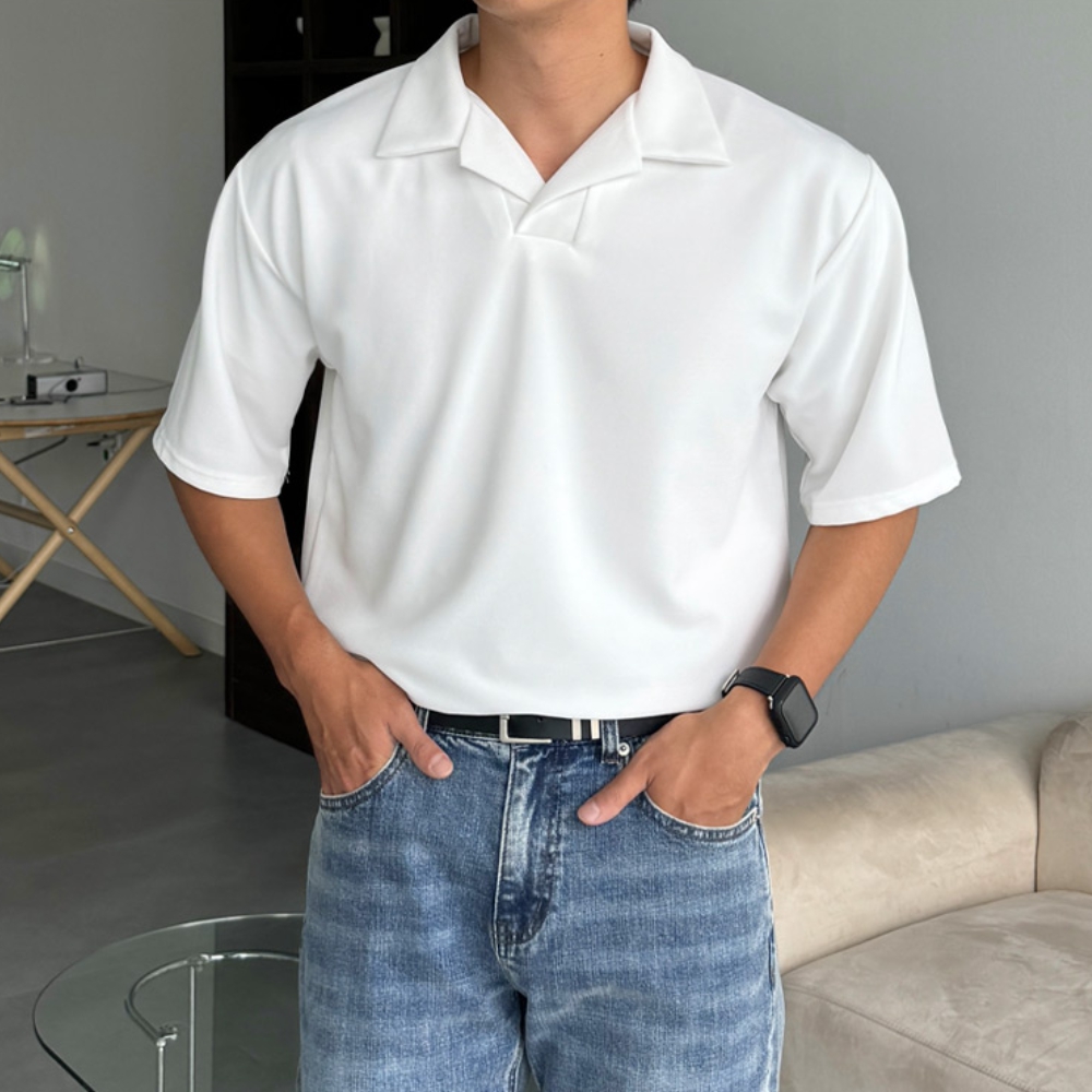 1+1 남자 스아 여름 무지 미니멀 오픈 카라 반팔티 - 상세 이미지 2