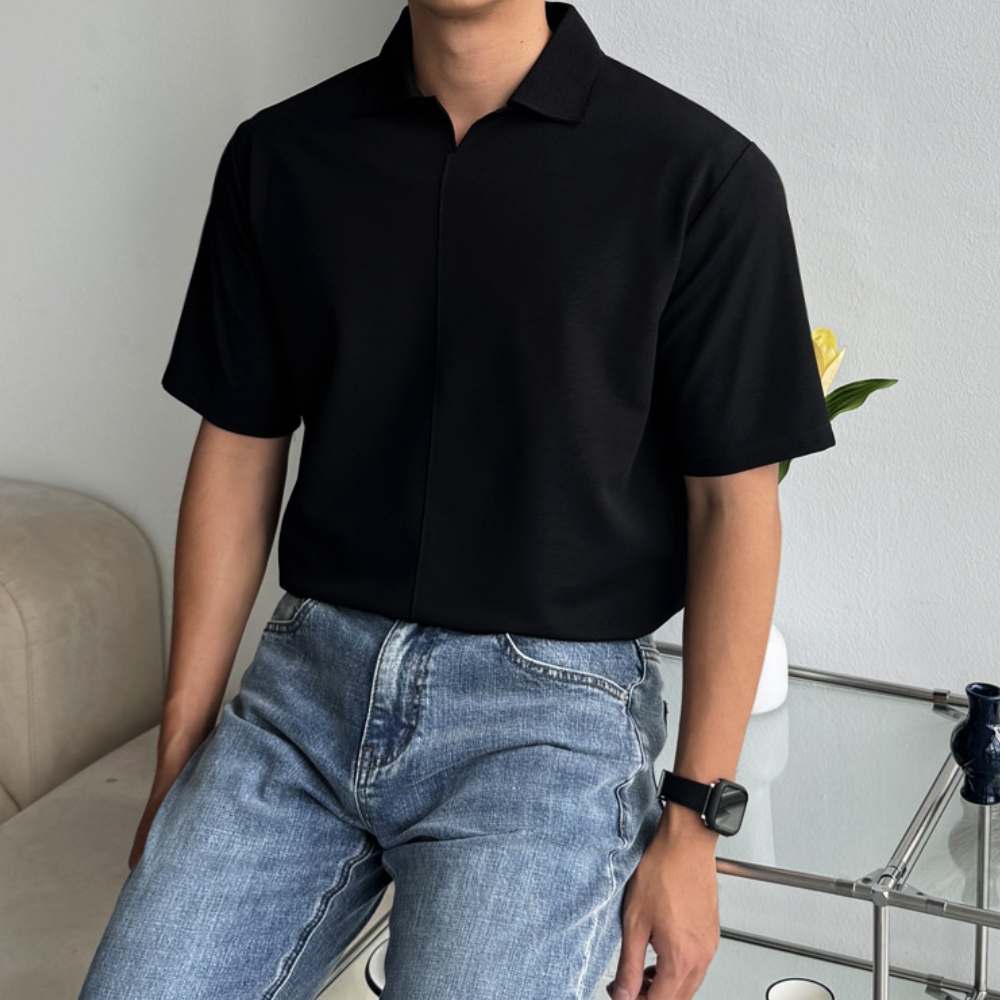 1+1 남자 슨허 여름 반팔 절개 오픈 카라티 - 상세 이미지 4