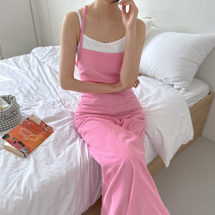 테리 백리스 홀터넥 롱원피스 레이어드 끈 여름휴양지원피스 핑크