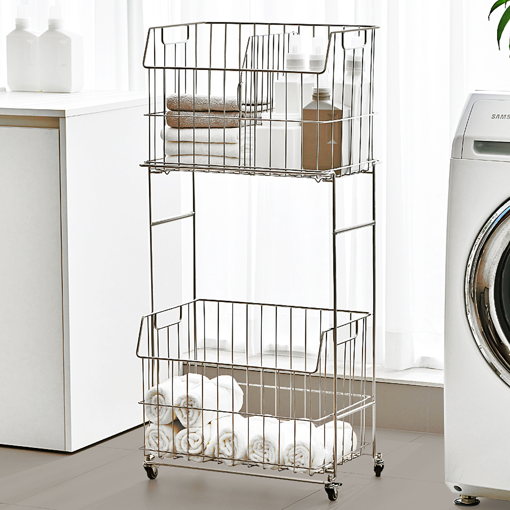 로긴 304 프리미엄 올스텐 2단 기본 이동식 대용량 빨래바구니 세탁 철제 세탁바구니 제품 이미지