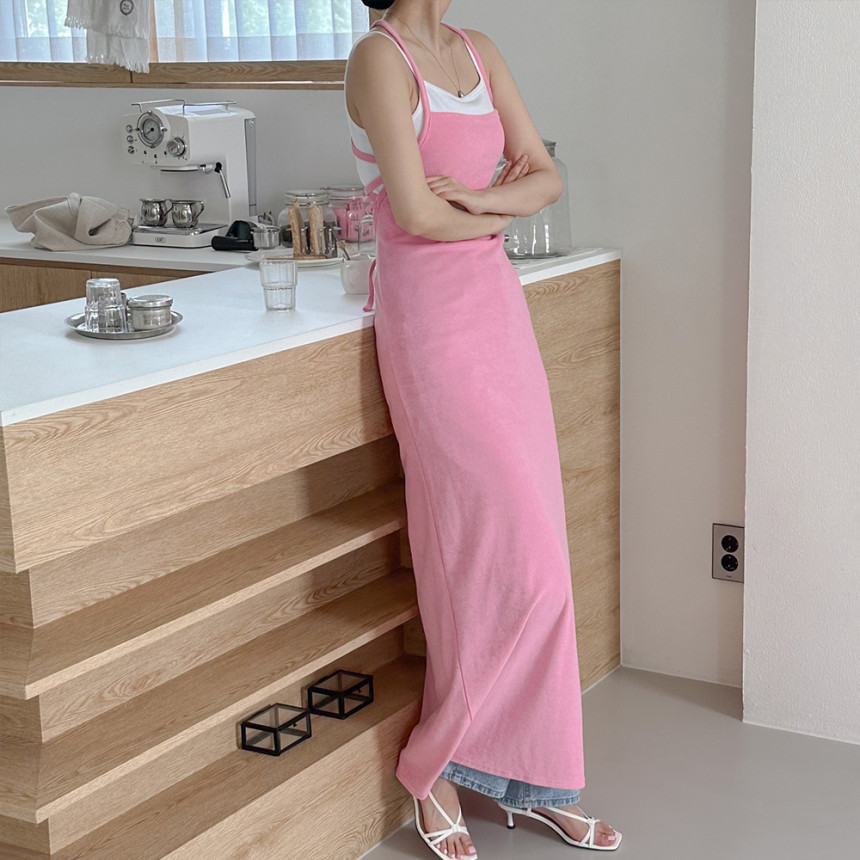 테리 백리스 홀터넥 롱원피스 레이어드 끈 여름휴양지원피스 핑크