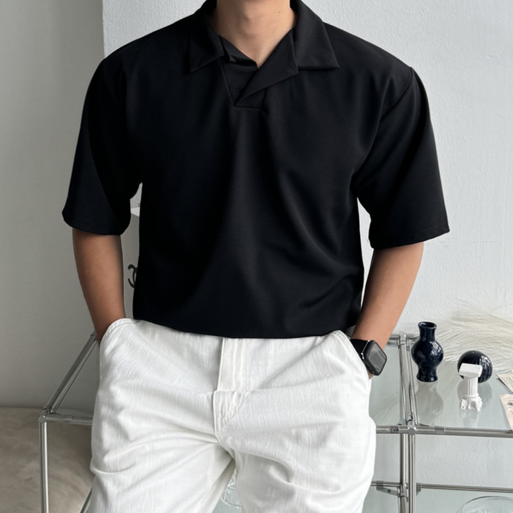 1+1 남자 스아 여름 무지 미니멀 오픈 카라 반팔티 - 상품 이미지