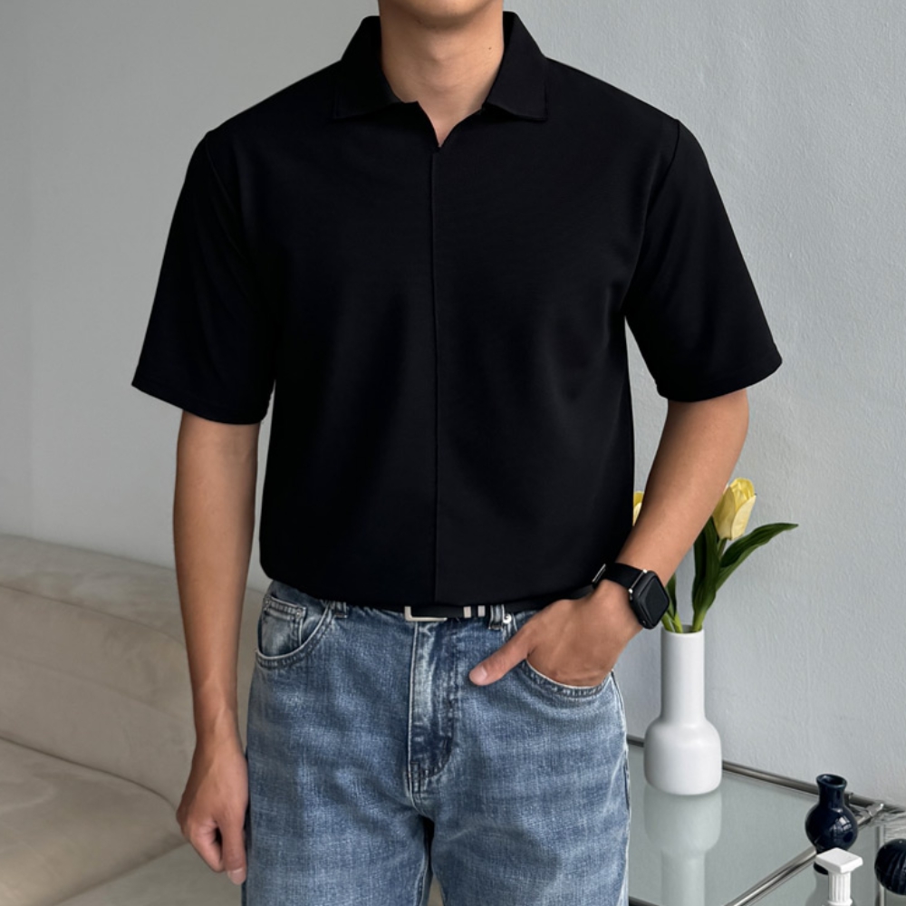 1+1 남자 슨허 여름 반팔 절개 오픈 카라티 - 상품 이미지
