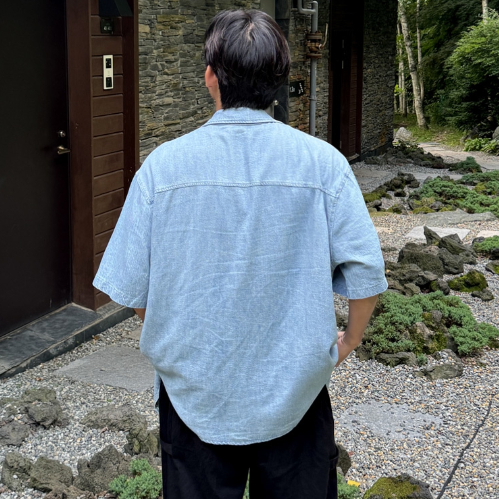 남자 스엘 오버핏 여름 쿨링 린넨 슬랍 데님 반팔 셔츠 남방 - 상세 이미지 3